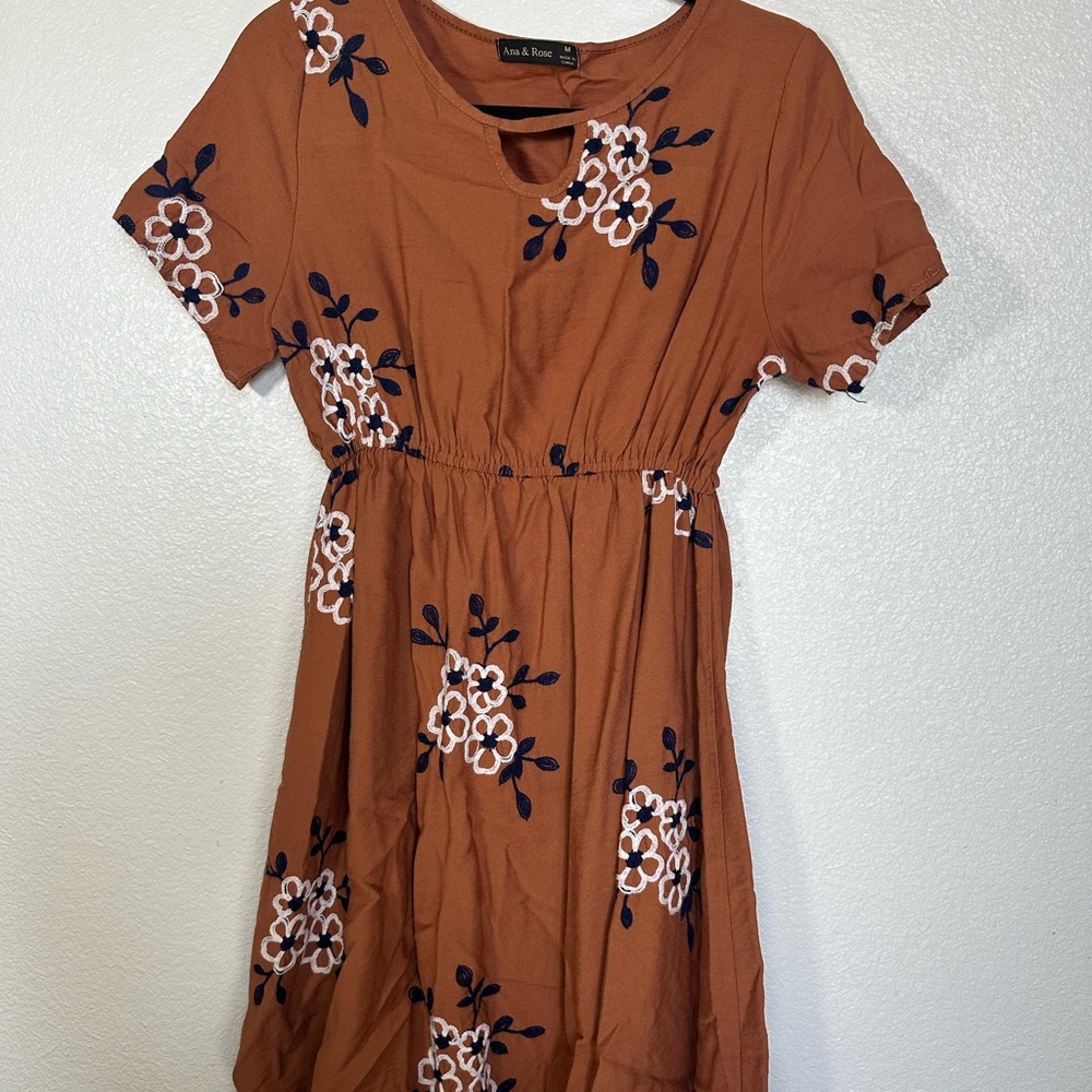 Brown Floral Embroidered Midi Sundress